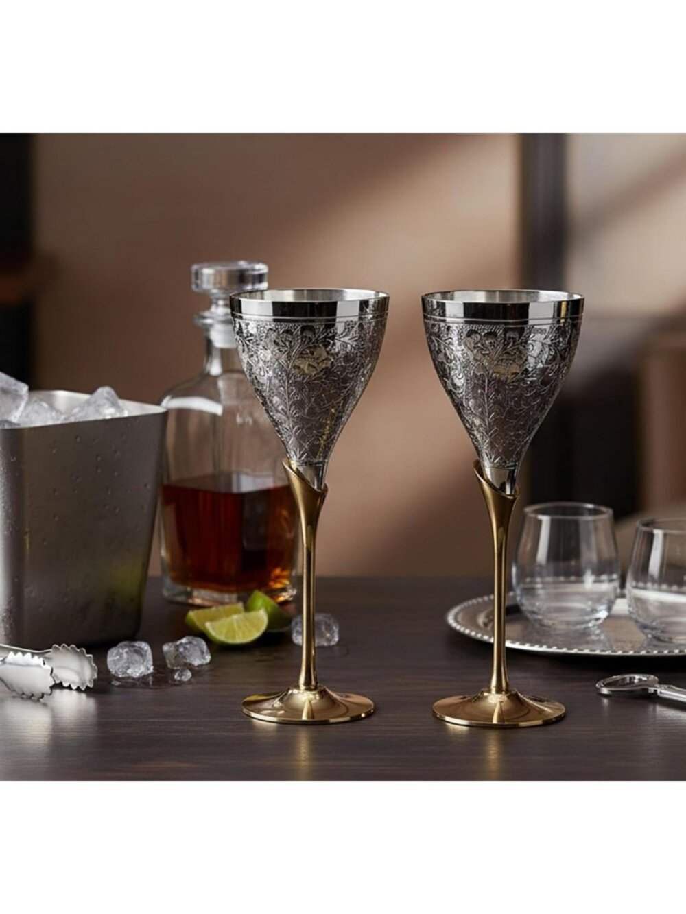 Engraved Brass Champagne Goblet Set - Elegant Silver Polished Wine Glasses